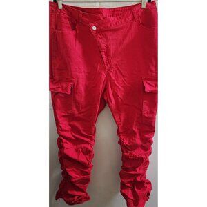 SHEIN CURVE RED CRISS-CROSS-ZIPPER-FLY RUCHED STRETCH CARGO DENIM